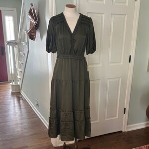 NWT Nanette Lepore Olive Green Satin Tiered Midi Dress Sz 10